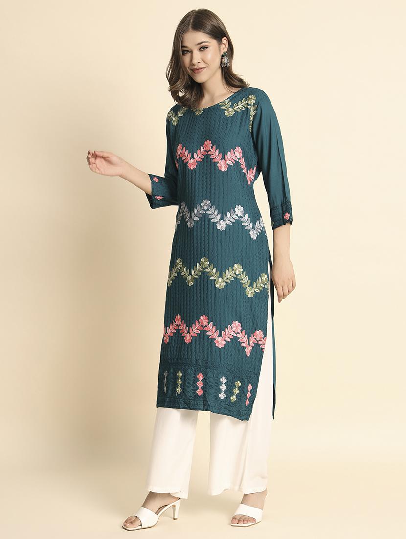 round neck embroidered straight kurta - 20152904 - Standard Image - 2