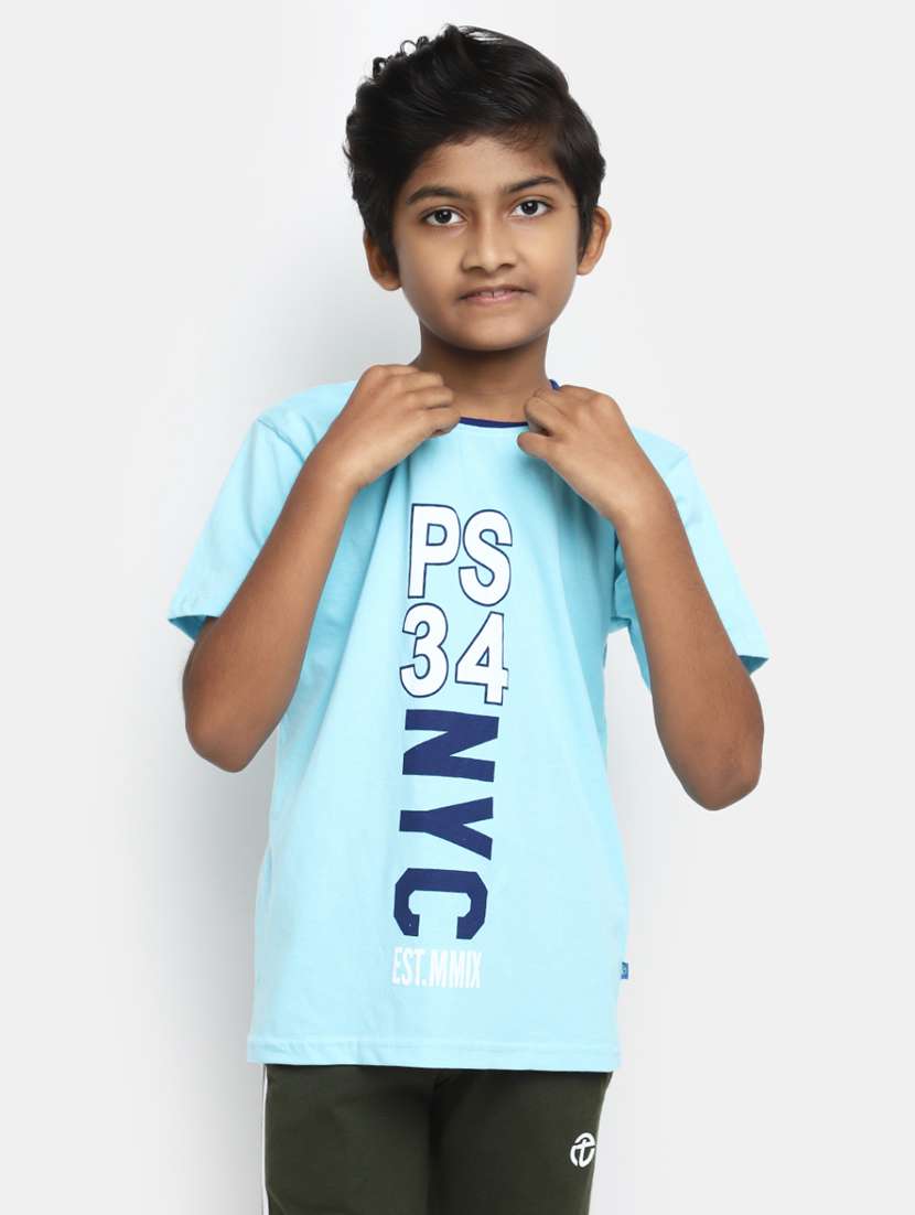 blue round neck printed t-shirt