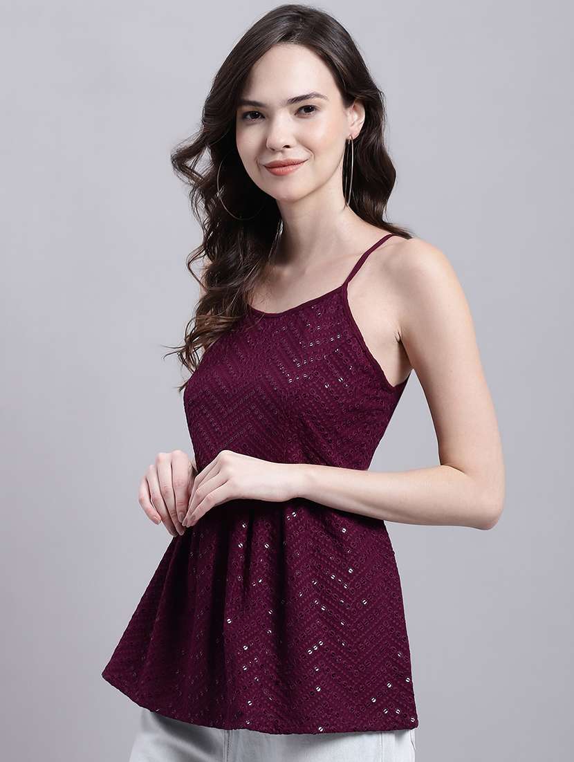 purple embroidered shoulder strap peplum top - 20154857 - Standard Image - 2