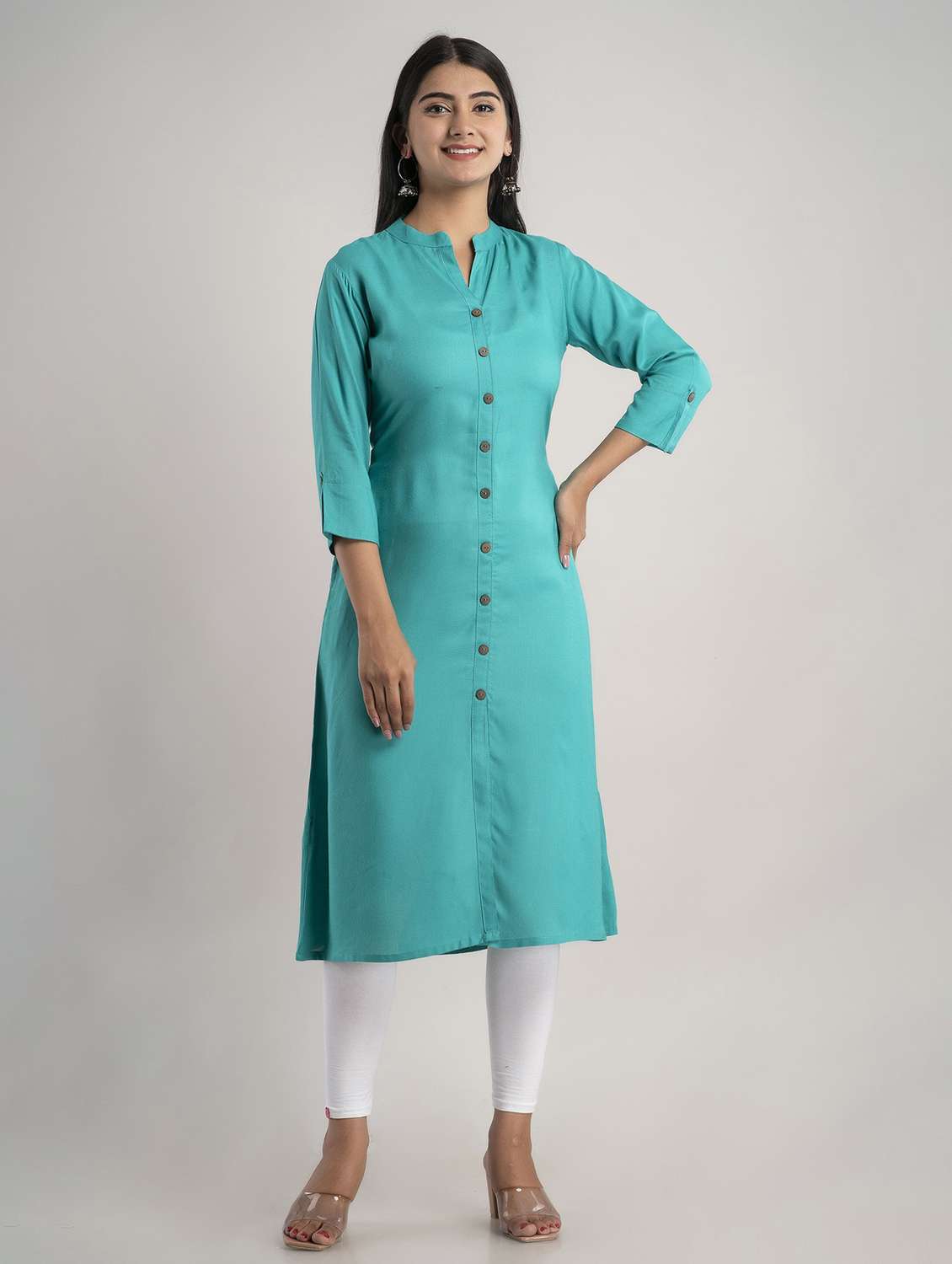 mandarin neck solid a line kurta - 20154953 - Zoom Image - 0