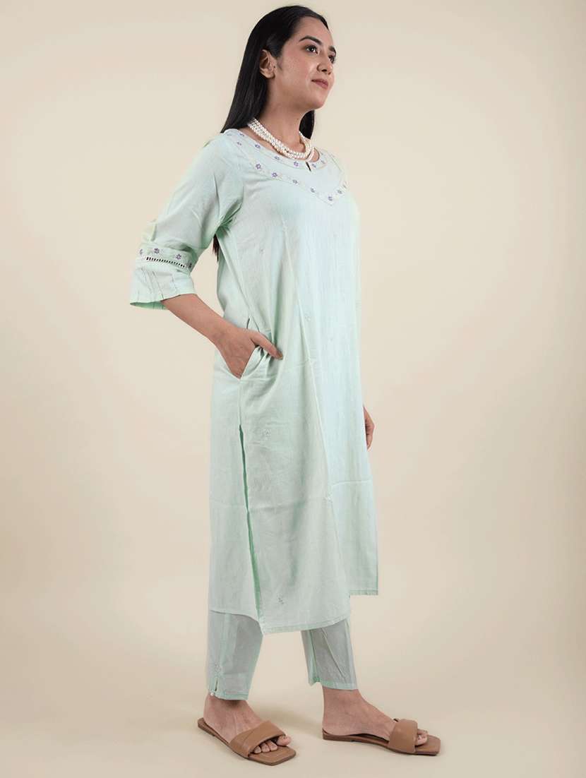 women sea green notch neck kurta pant set - 20155542 - Standard Image - 2