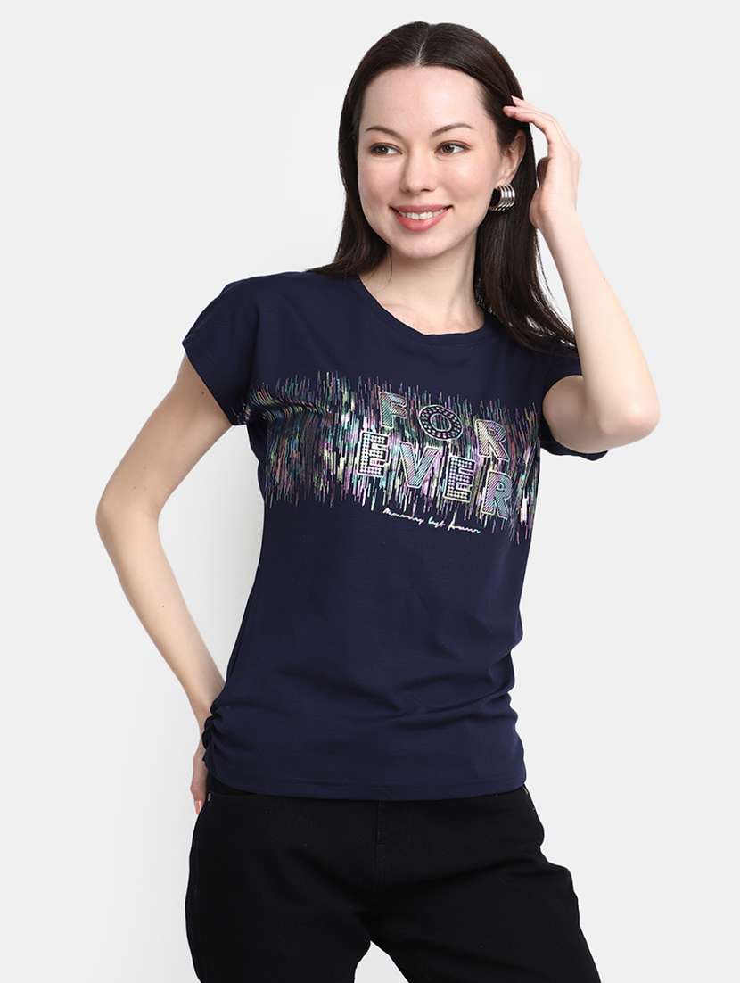 women's chest print round neck t-shirt