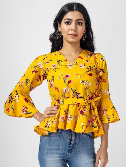 yellow floral print bell sleeves peplum crop top - 20156783 -  Standard Image - 0