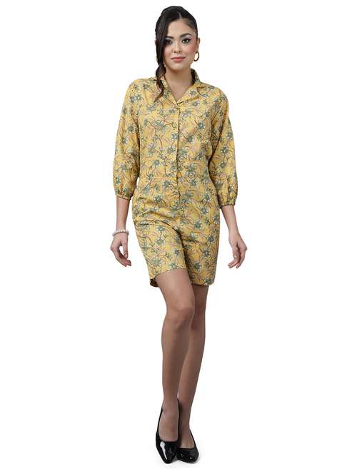yellow floral print lapel neck button up romper  - 20157910 -  Standard Image - 0