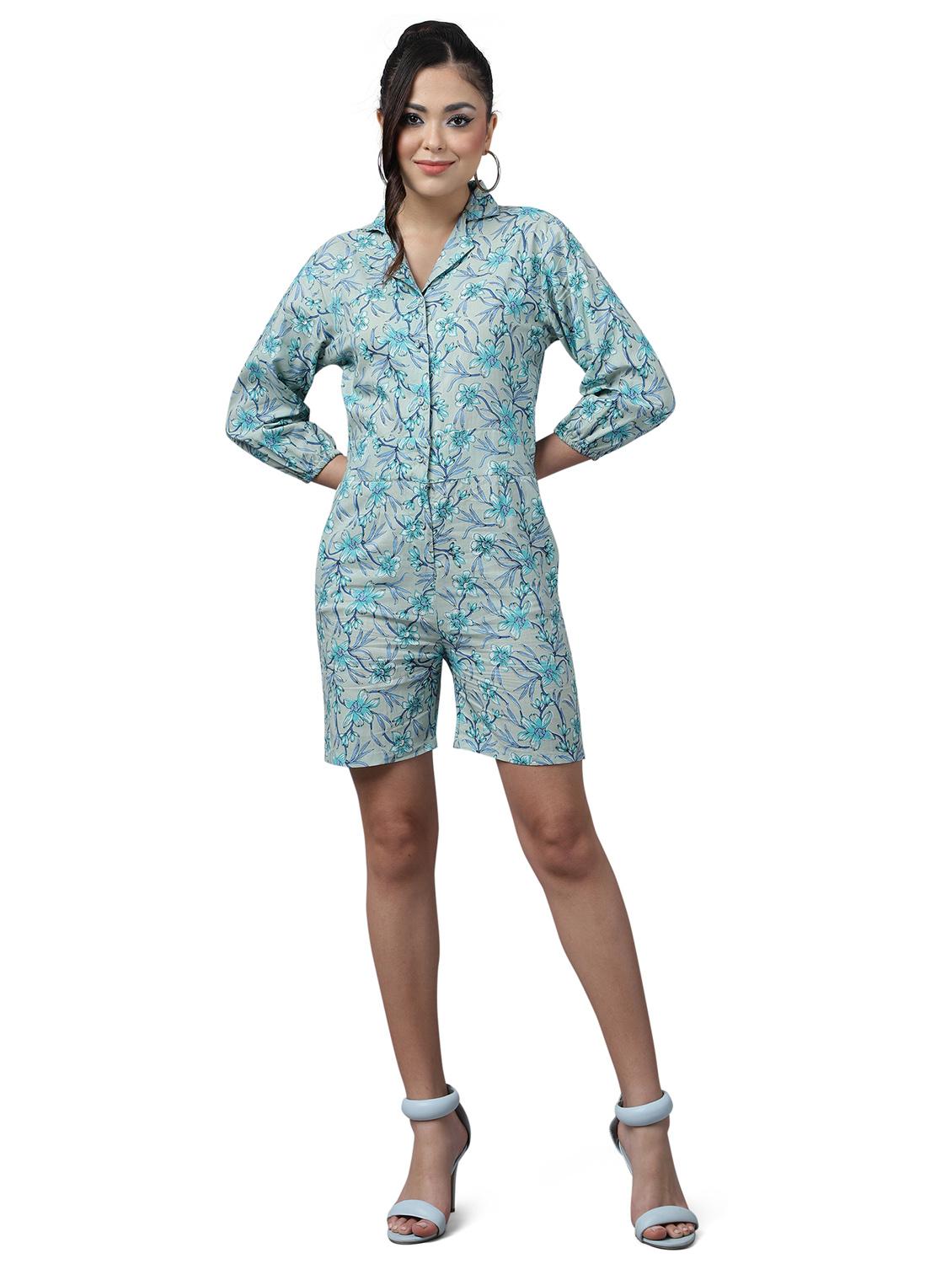 blue floral print lapel neck button up romper - 20157911 - Zoom Image - 0