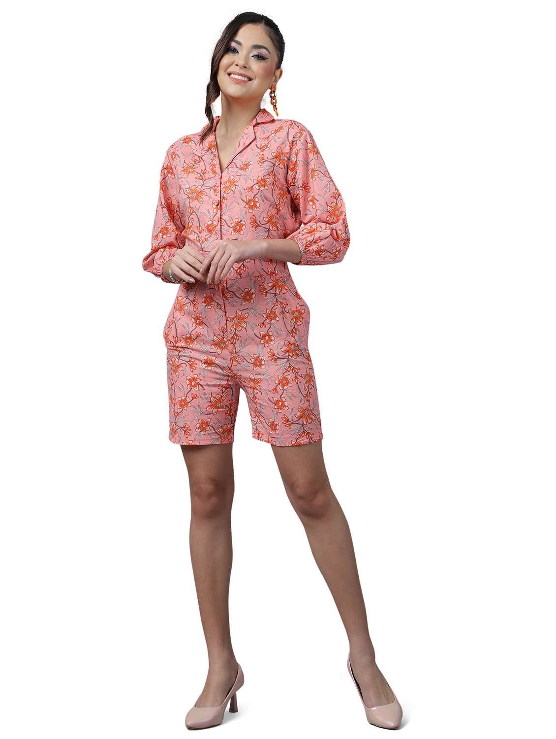 pink floral print lapel neck button up romper 