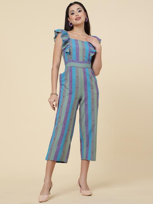 blue striped sleeveless full length jumpsuit - 20157915 - Standard Image - 0