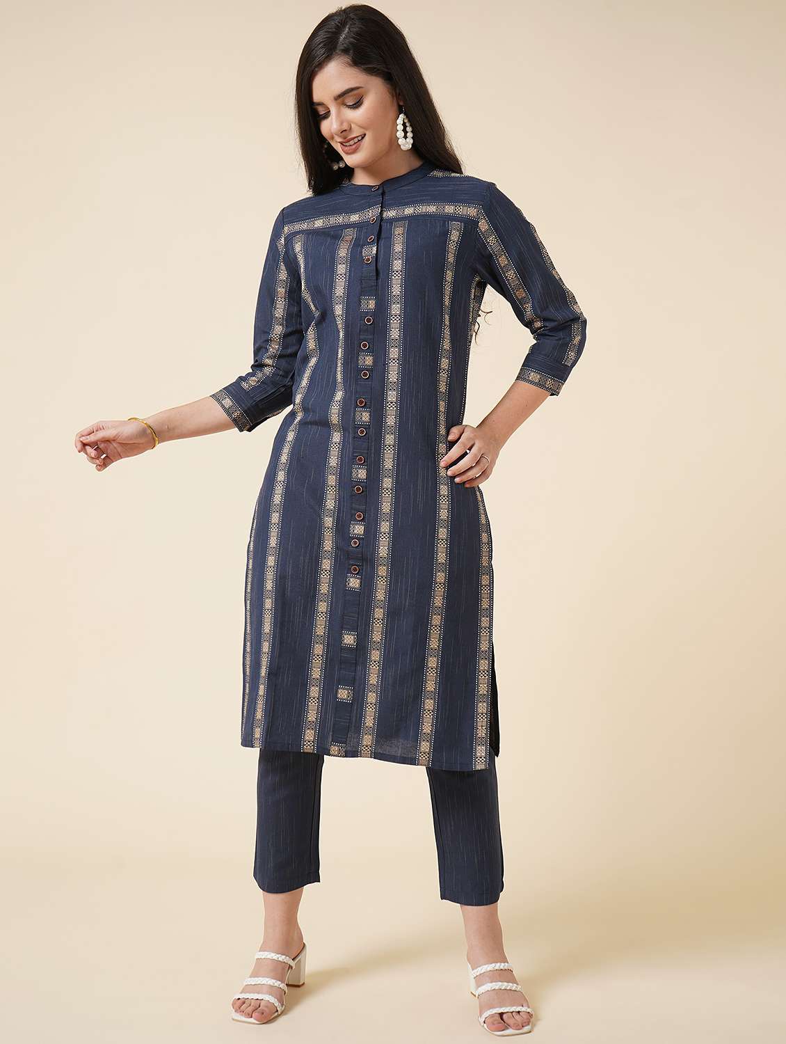 blue cotton blend kurta pant  set