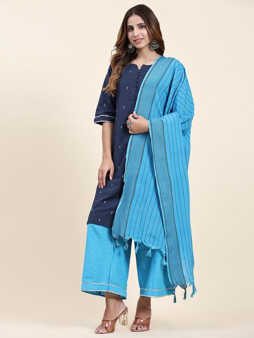 women light blue & navy blue kurta dupatta set - 20158093 -  Standard Image - 0