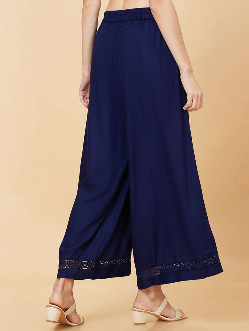 navy blue solid flared lace hem palazzo - 20158095 -  Standard Image - 2