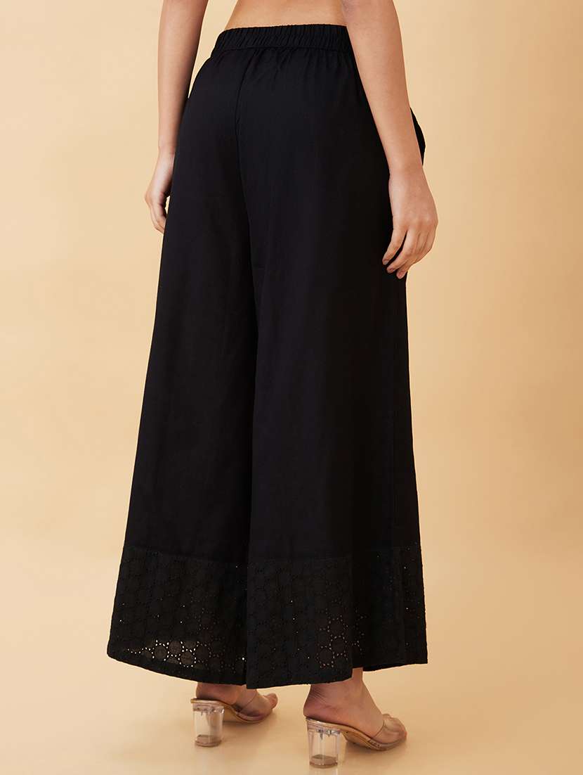 globus women black opaque schiffli hem design wide leg ethnic palazzos - 20158099 -  Standard Image - 2