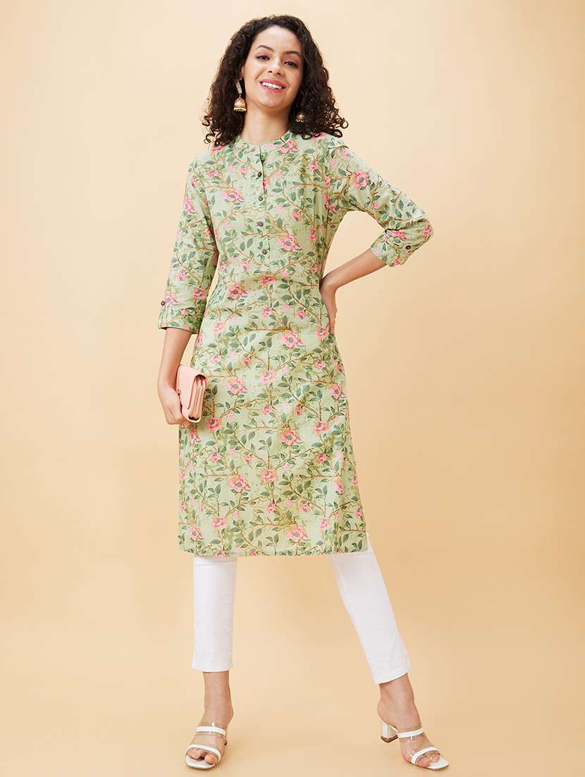 globus women green floral print mandarin neck straight calf length kurta - 20158123 - Zoom Image - 0