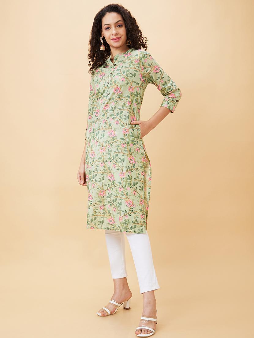 globus women green floral print mandarin neck straight calf length kurta - 20158123 - Standard Image - 2