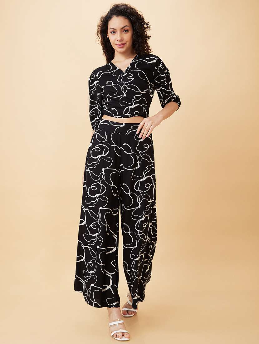 globus women black abstract print wrap tie-back crop top & flared palazzos co-ord set