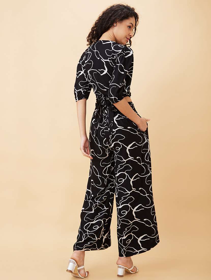globus women black abstract print wrap tie-back crop top & flared palazzos co-ord set - 20158124 -  Standard Image - 2