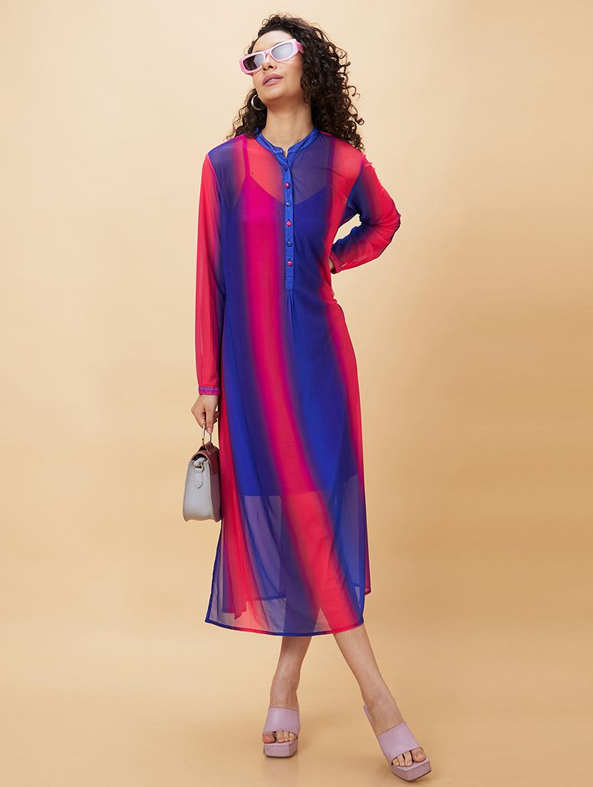 women blue nylon a-line dress