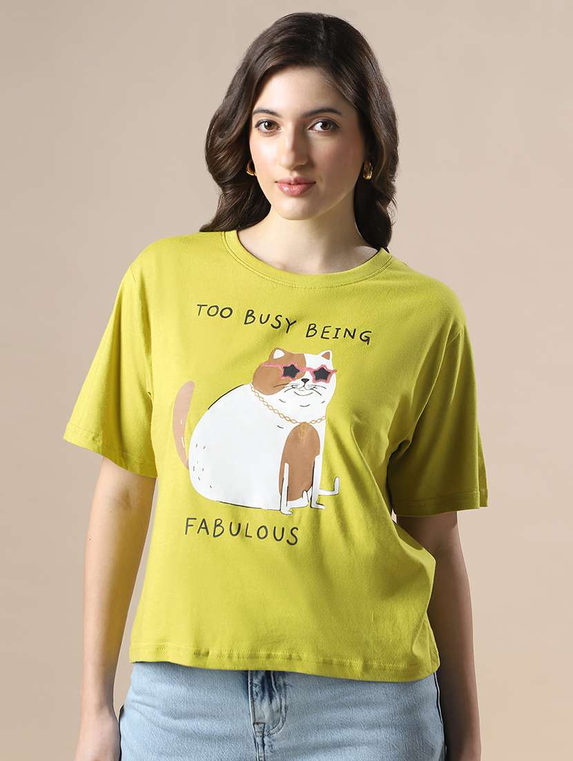 globus women green drop shoulder graphic printed oversized trendy crop t-shirt