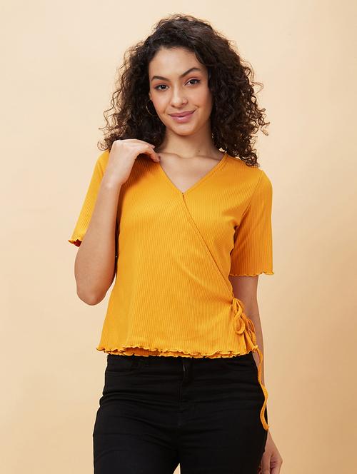 women yellow cotton wrap top - 20158140 - Standard Image - 0