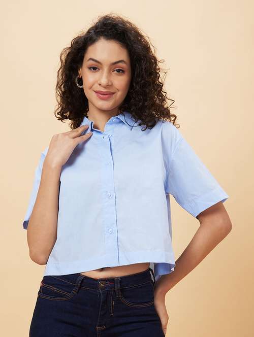 women light blue cotton regular top - 20158167 - Standard Image - 0