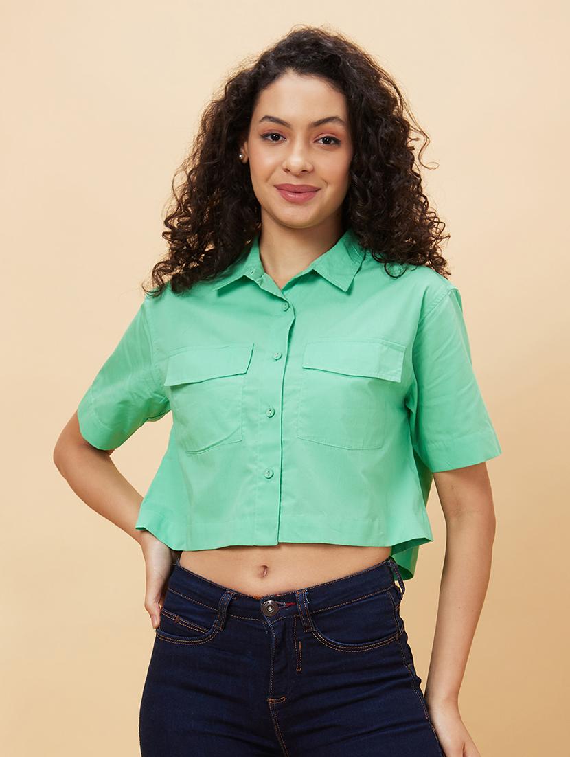 women sea green cotton crop top - 20158169 -  Zoom Image - 0