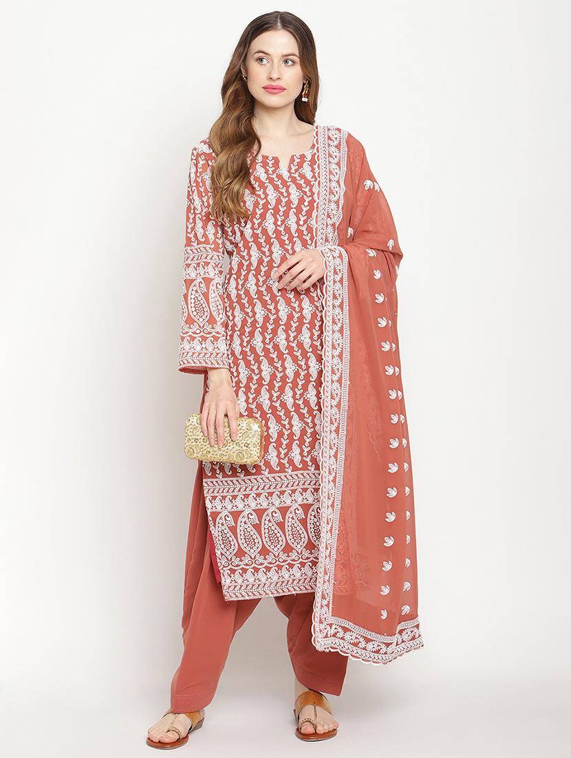 orange embroidered notch neck suit set - 20158398 - Standard Image - 2