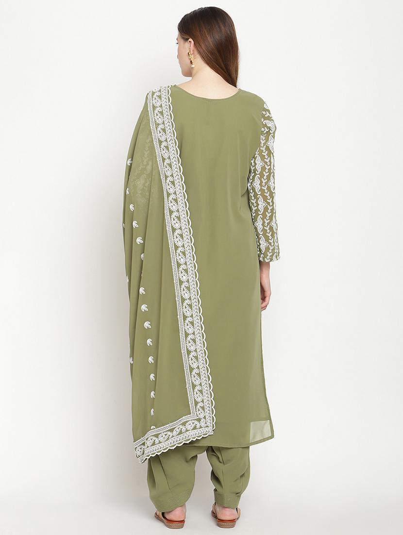 olive embroidered notch neck suit set - 20158399 - Standard Image - 2