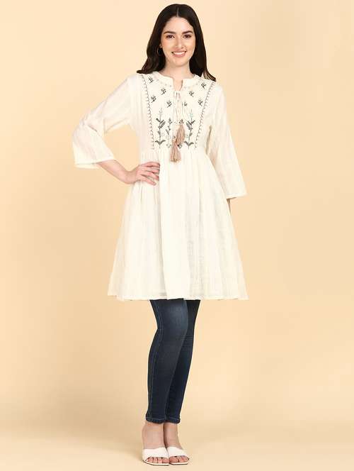beige floral embroidered mandarin neck a-line tunic - 20159975 - Standard Image - 0