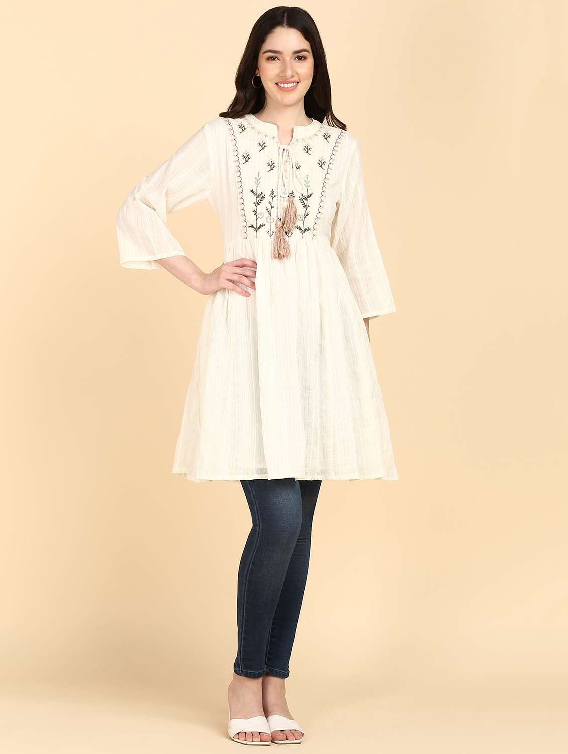 beige floral embroidered mandarin neck a-line tunic - 20159975 - Zoom Image - 0