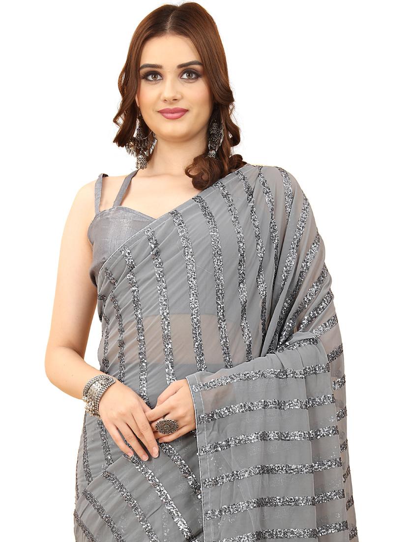 grey sequin work georgette saree with blouse - 20162403 - Standard Image - 2