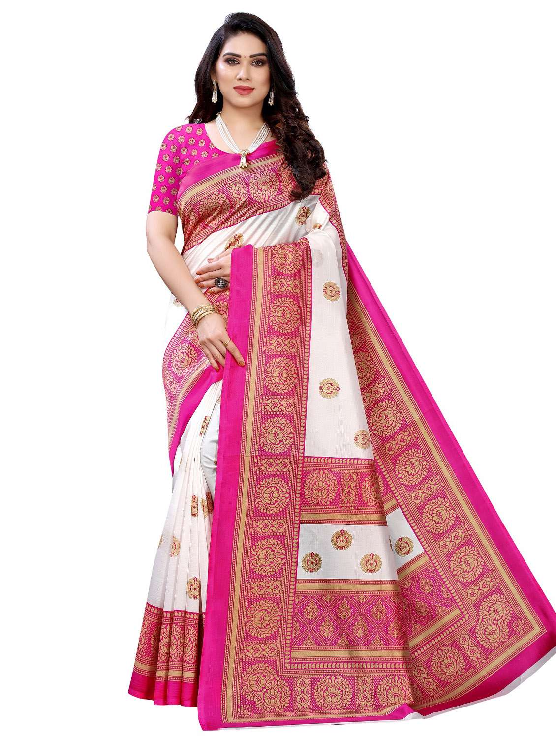 pink printed art silk saree with blouse