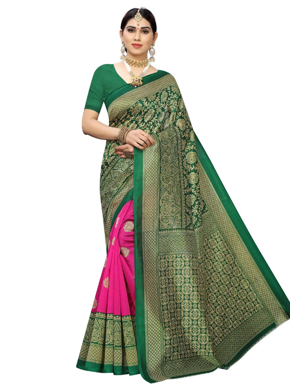 women's printed pink colored saree with blouse