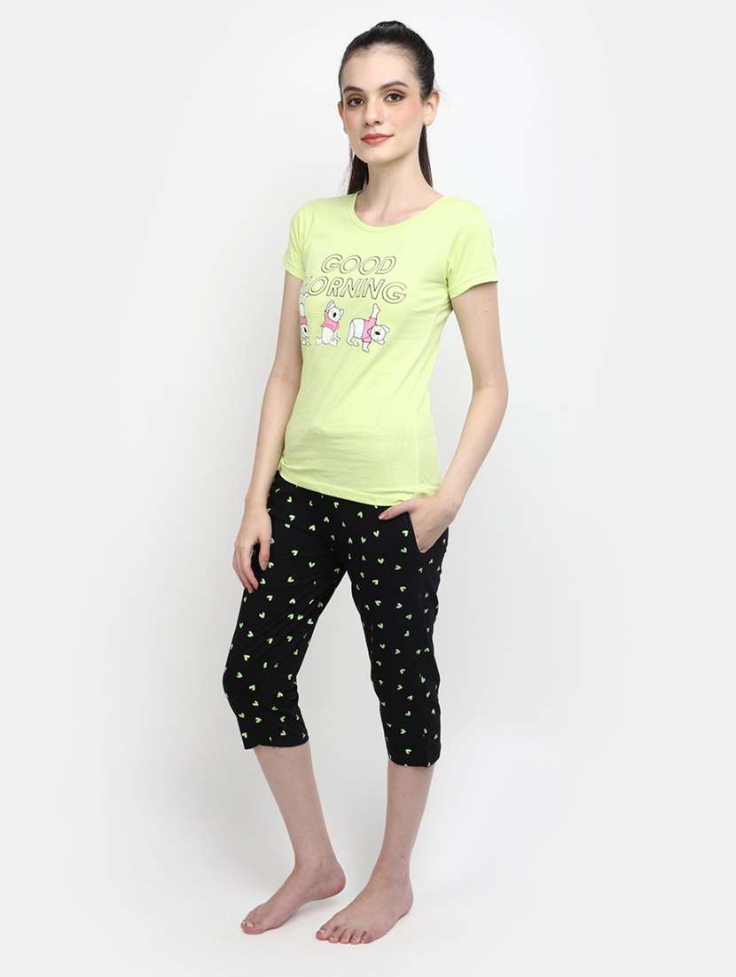 yellow round neck printed nightwear set - 20163891 -  Standard Image - 2