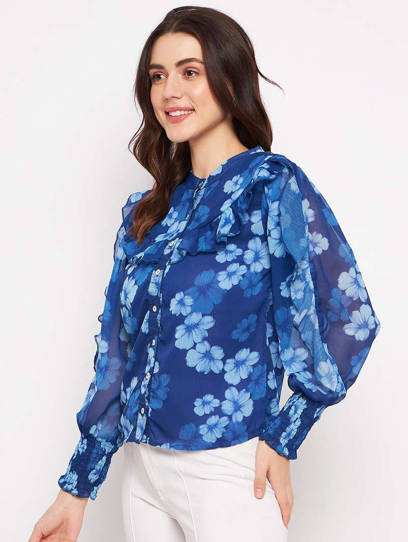 navy blue printed ruffle top - 20164057 -  Standard Image - 2