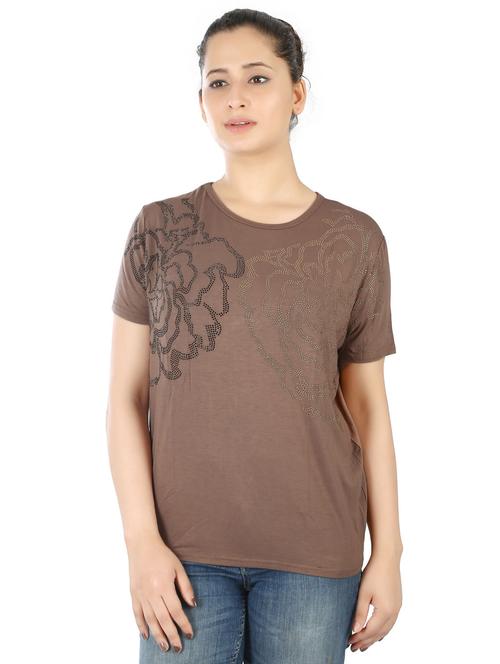 brown printed round neck regular fit top - 20166133 - Standard Image - 0