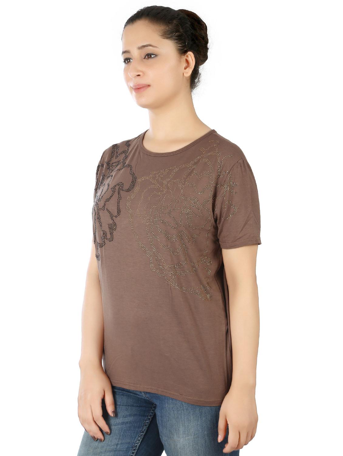 brown printed round neck regular fit top - 20166133 - Standard Image - 2