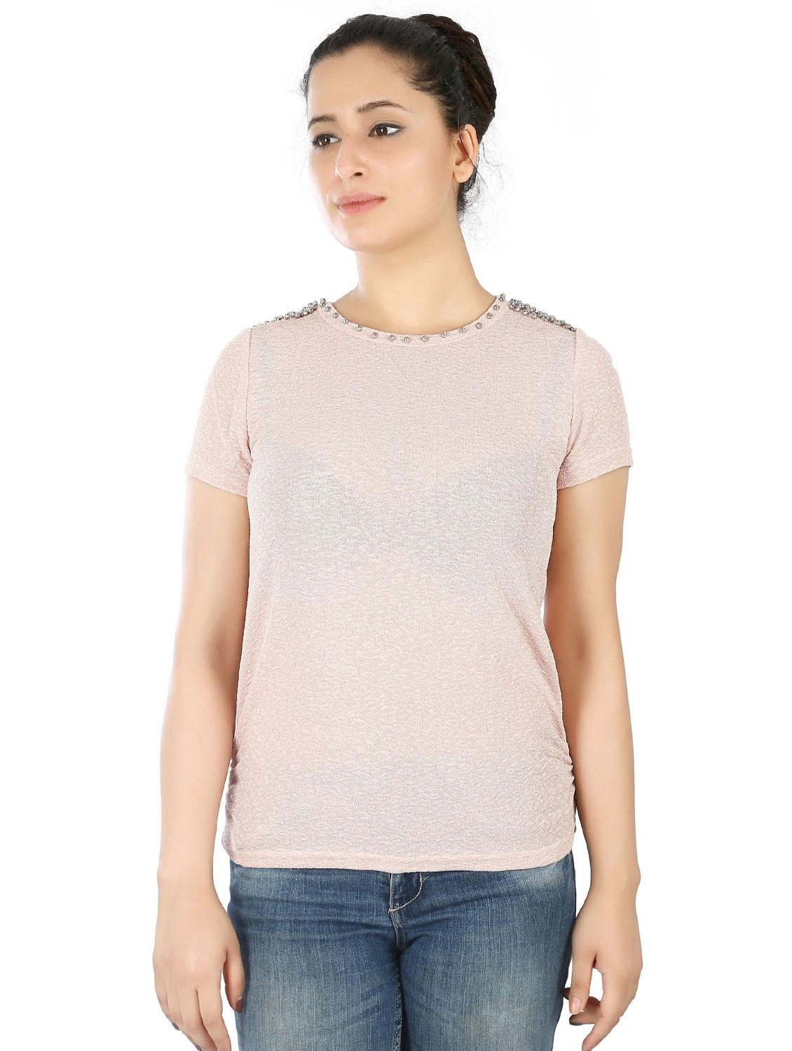 pink round neck short sleeves regular top - 20166138 -  Zoom Image - 0