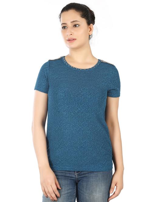 blue round neck short sleeves regular top - 20166141 -  Standard Image - 0