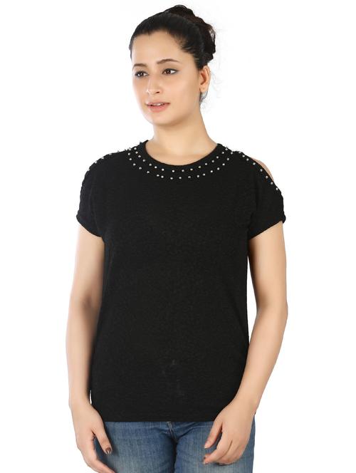 black round neck cold shoulder sleeves regular top - 20166142 -  Standard Image - 0