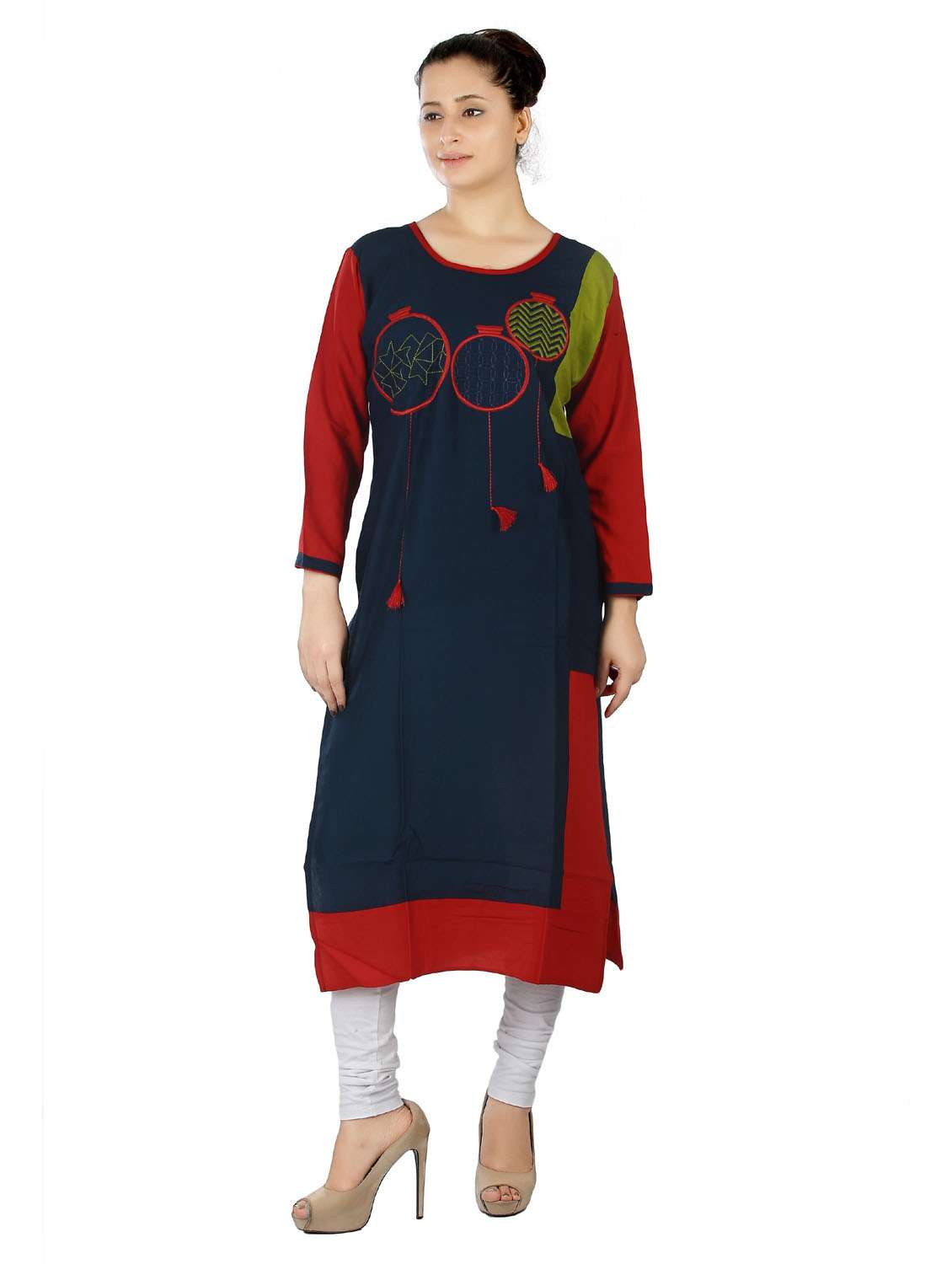 blue & red colourblocked detailed straight kurta - 20166227 - Zoom Image - 0
