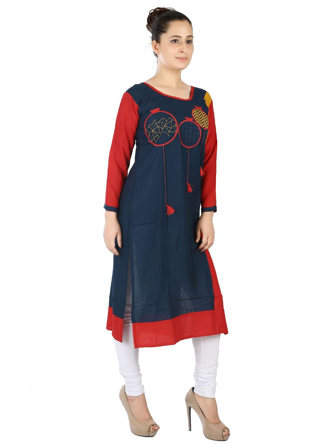blue & red colourblocked detailed straight kurta - 20166228 - Standard Image - 2