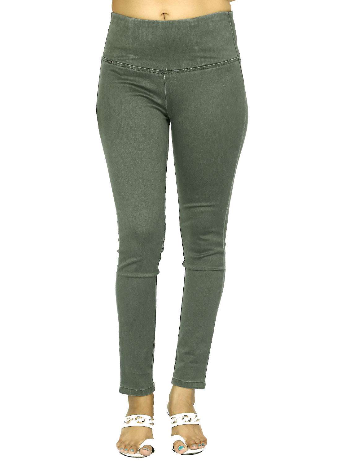 green solid mid rise ankle length jegging