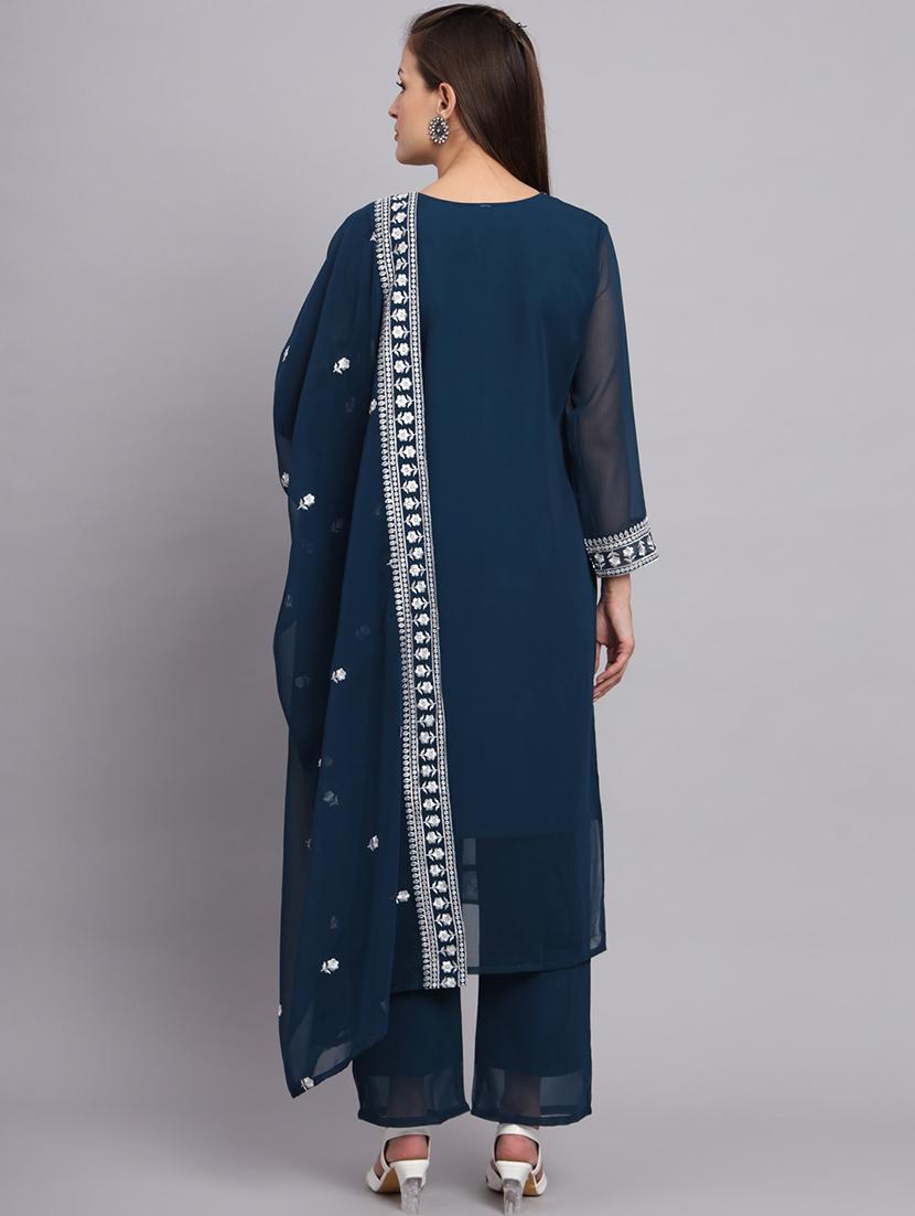 teal embroidered round neck kurta with dupatta set - 20167197 - Standard Image - 2