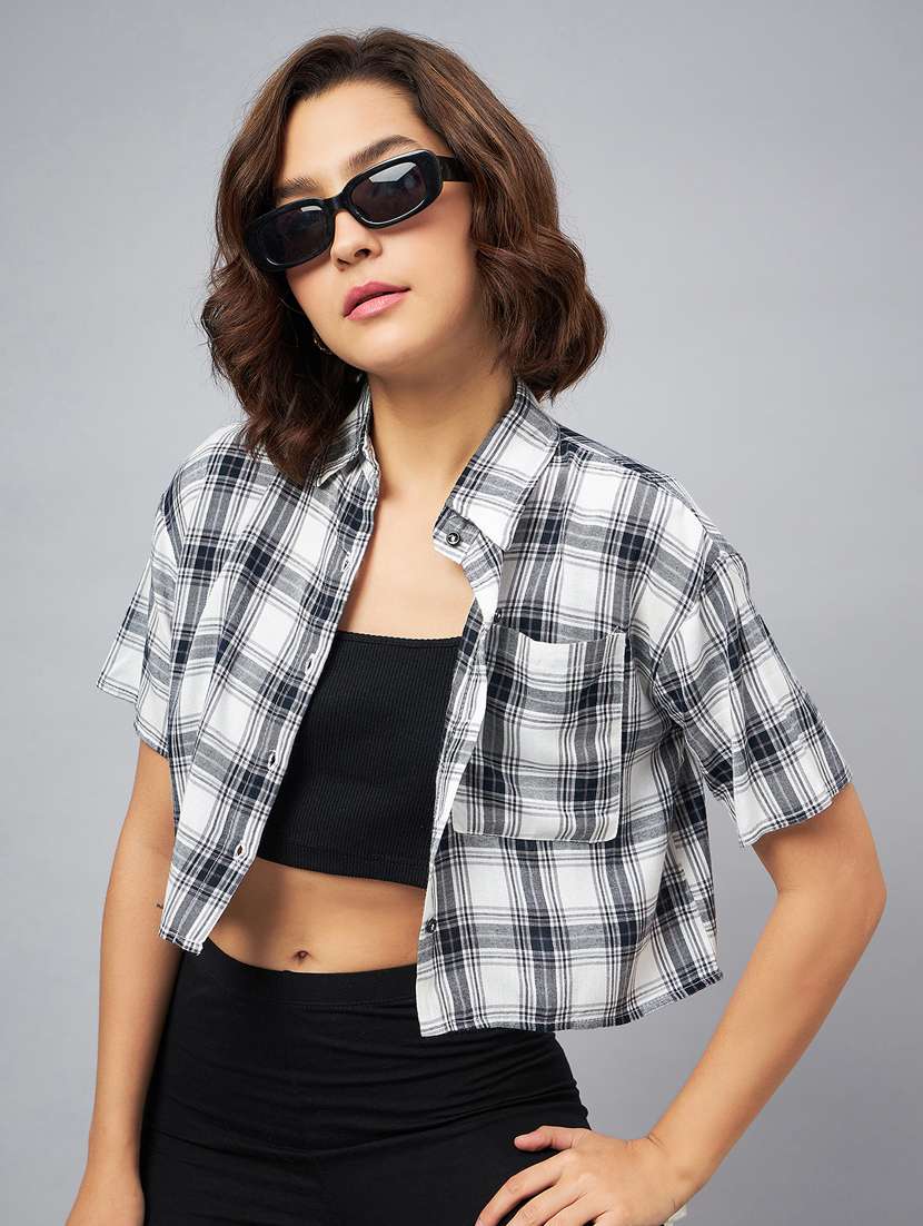 shirt collar checkered crop shirt 