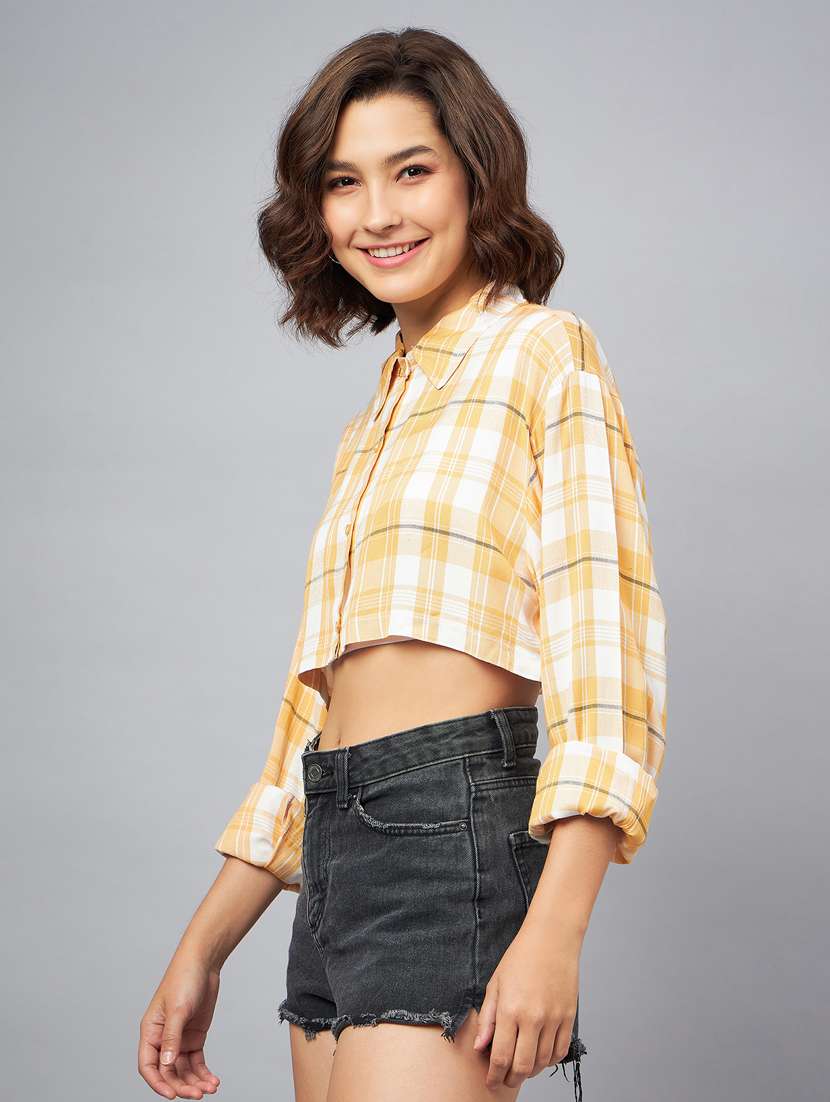 yellow & white checkered boxy fit crop shirt