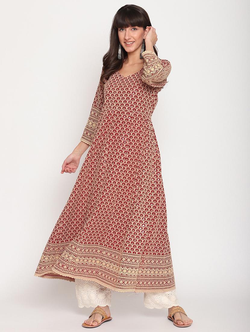 red self design anarkali kurta - 20167348 - Standard Image - 2