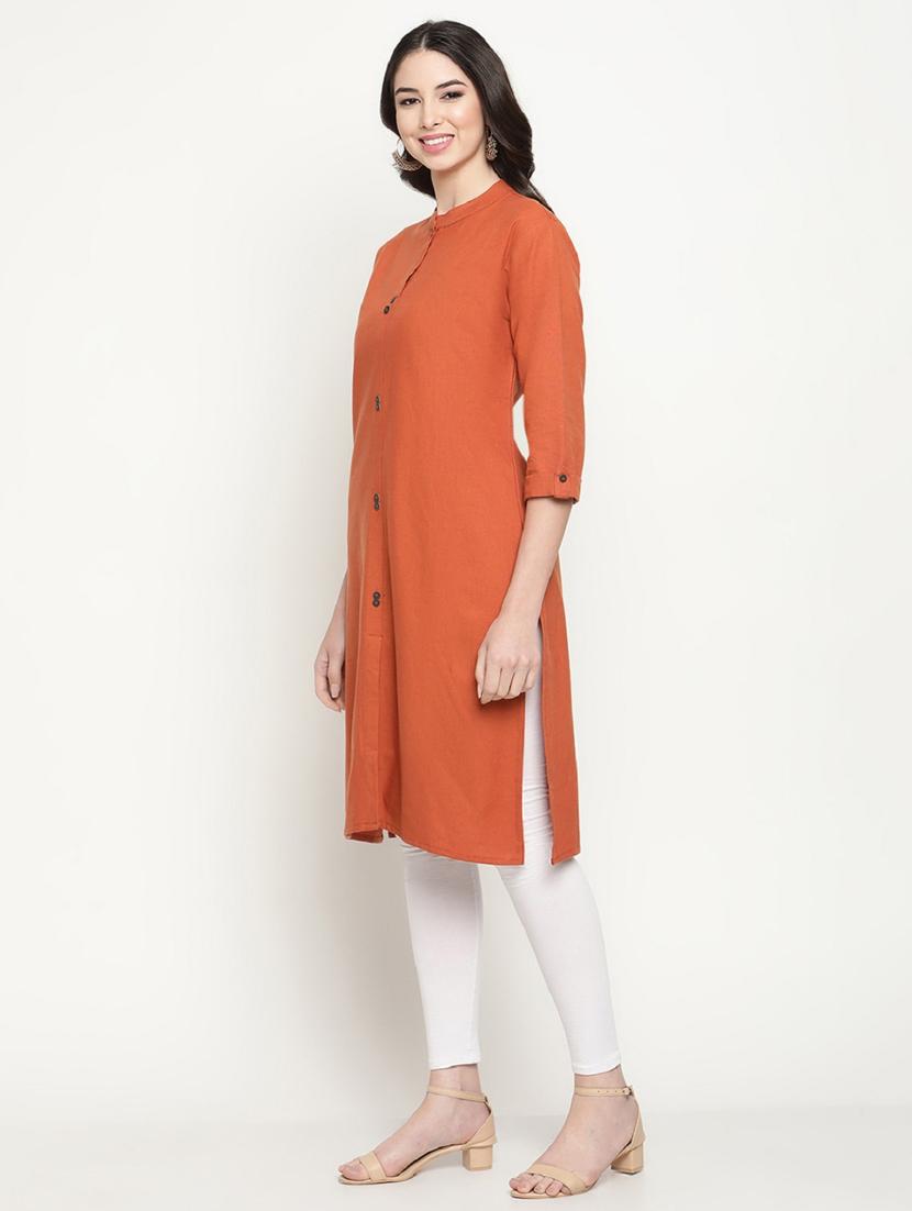 orange mandarin neck straight kurta - 20167358 - Standard Image - 2