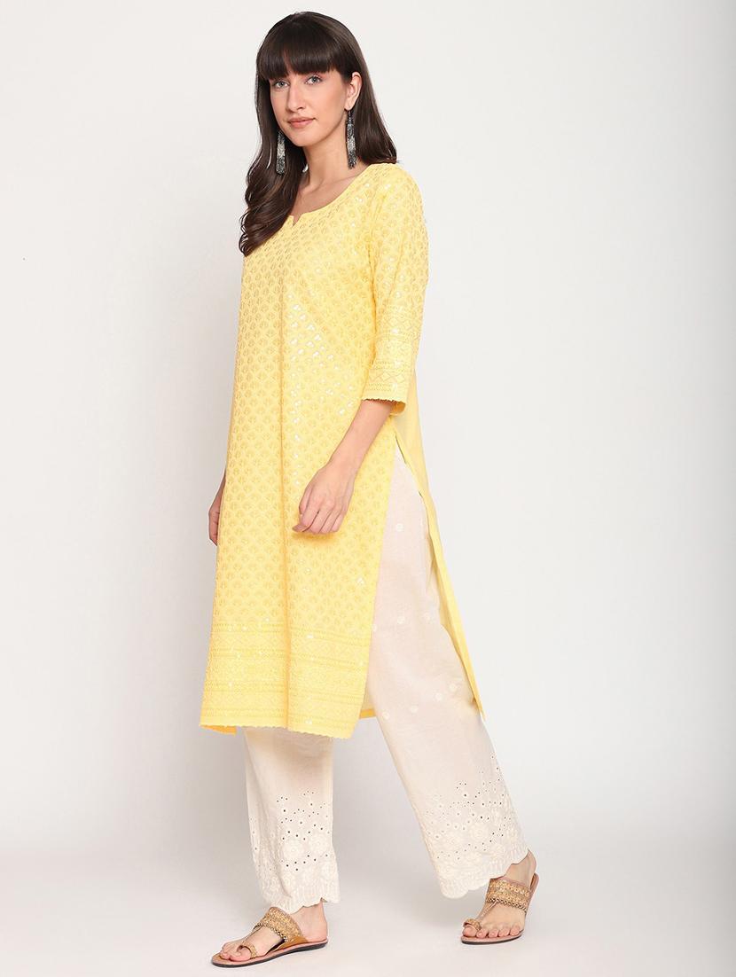 yellow notch neck straight kurta - 20167361 - Standard Image - 2