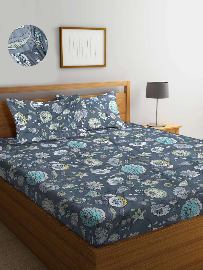 cotton printed fitted double bedsheet with 2 pillow covers