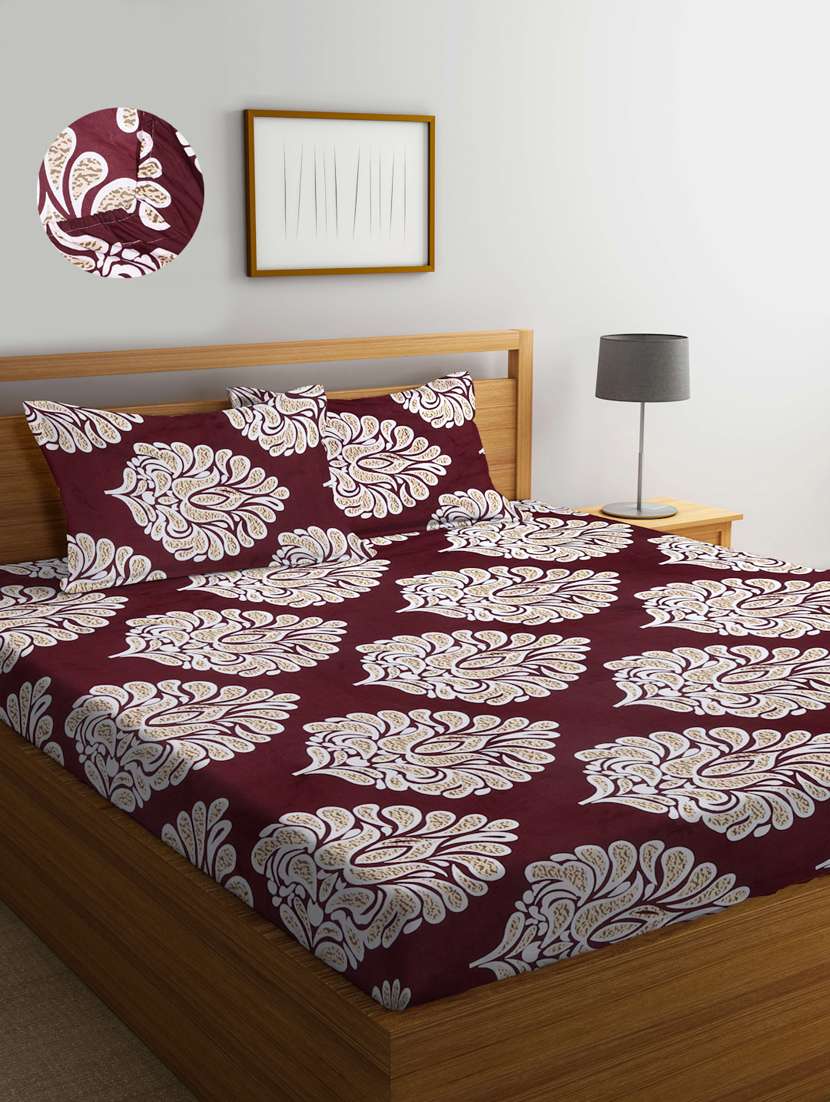 cotton printed fitted double bedsheet with 2 pillow covers
