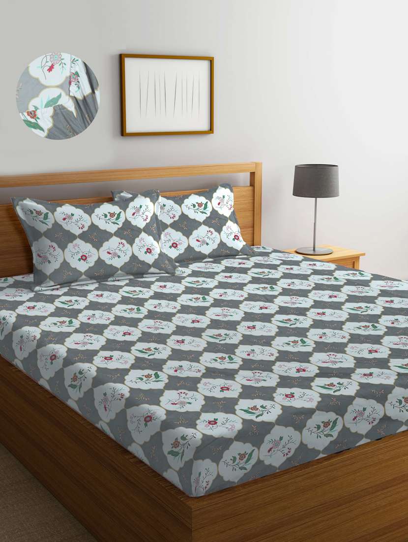 cotton printed fitted double bedsheet with 2 pillow covers